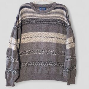 Vintage Pendleton Wool Sweater Gray Geometric Aztec Striped Men's Size Lrg